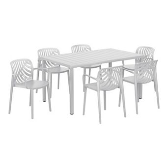 7 pc Outdoor Metal Rectangle Patio Dining Table Set With Stackable Resin Patio Dining Chairs