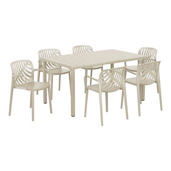 7 pc Outdoor Metal Rectangle Patio Dining Table Set With Stackable Resin Patio Dining Chairs