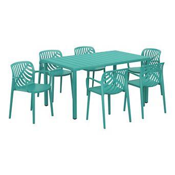 7 pc Outdoor Metal Rectangle Patio Dining Table Set With Stackable Resin Patio Dining Chairs