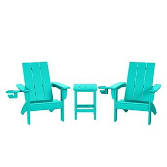 3 pc Kids HDPE Modern Adirondack Chairs Set with Square Side Table and Cup Holders