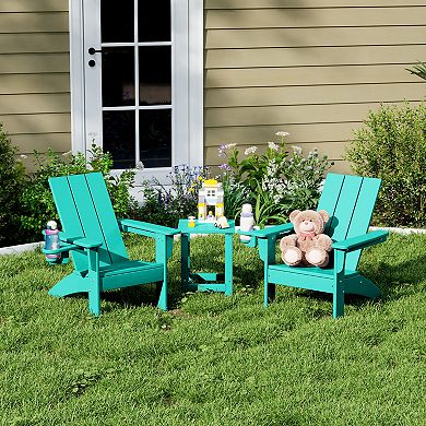 3-Piece Kids HDPE Modern Adirondack Chairs Set with Square Side Table and Cup Holders