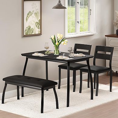 4 pcs Farmhouse Dining Table Set for 4,Space Saving Rustic Kitchen Table with 2 Padded Chairs,Bench