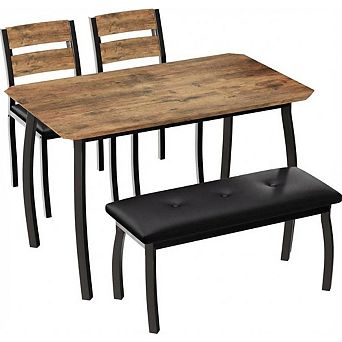 4 pc Farmhouse Dining Table Set for 4,Space Saving Rustic Kitchen Table with 2 Padded Chairs,Bench