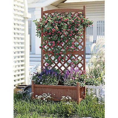 Wood Planter Box with Trellis, Raised Garden Bed with Lattice & Wheels, Privacy Planters for Patio