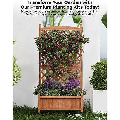 Wood Planter Box with Trellis, Raised Garden Bed with Lattice & Wheels, Privacy Planters for Patio
