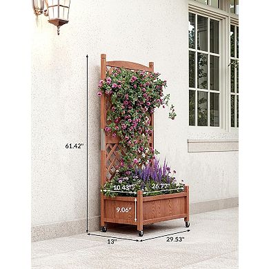 Wood Planter Box with Trellis, Raised Garden Bed with Lattice & Wheels, Privacy Planters for Patio