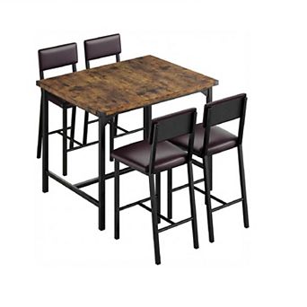 Dining Table Set for 4 W/Footrest & Backrest, Counter Height Table with 4 Upholstered Bar Stools