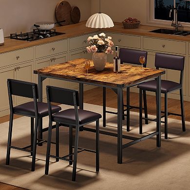 Dining Table Set for 4 W/Footrest & Backrest, Counter Height Table with 4 Upholstered Bar Stools