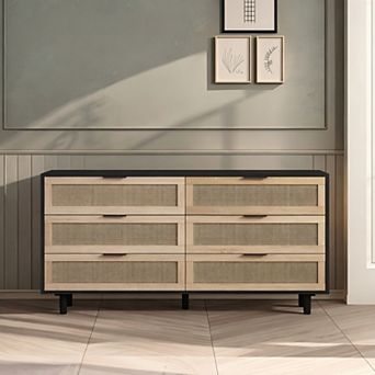 Lufeiya 59" Rattan Storage Cabinet with 6 Drawers, Wooden Dresser for Bedroom or Living Room