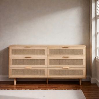 Lufeiya 59" Rattan Storage Cabinet with 6 Drawers, Wooden Dresser for Bedroom or Living Room