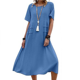 Women's Round Neck Short Sleeve Midi Dress Summer Casual Loose Fit Beach Dresses