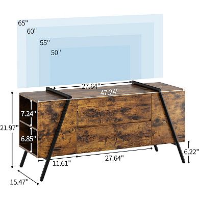 Entertainment Center with 2 Drawers, Adjustable Shelves & U-Shaped Metal Legs