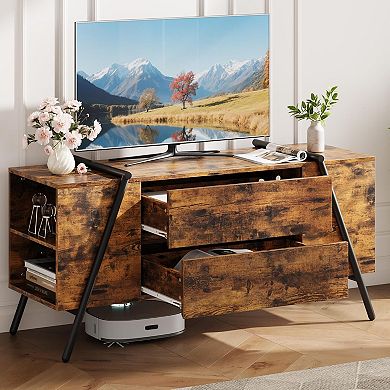 Entertainment Center with 2 Drawers, Adjustable Shelves & U-Shaped Metal Legs