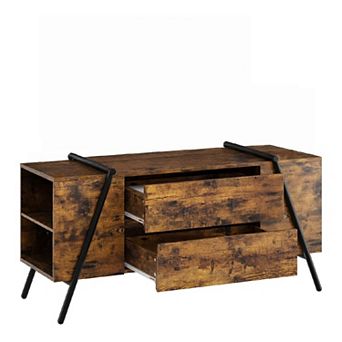 Entertainment Center with 2 Drawers, Adjustable Shelves & U-Shaped Metal Legs