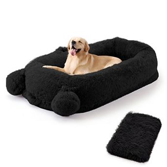 Large Dog Bed for Adults - Foam Couch with Blanket - Washable Faux Fur - Removable Cover
