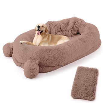 Large Dog Bed for Adults - Foam Couch with Blanket - Washable Faux Fur - Removable Cover