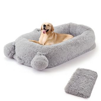 Large Dog Bed for Adults - Foam Couch with Blanket - Washable Faux Fur - Removable Cover