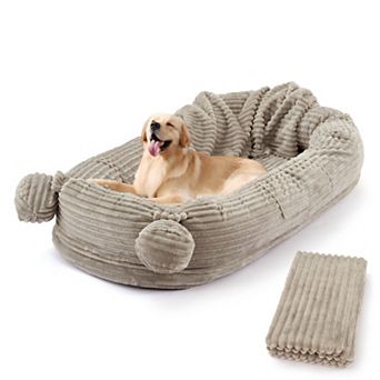 Large Dog Bed for Adults - Foam Couch with Blanket - Washable Faux Fur - Removable Cover