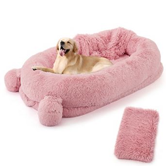 Large Dog Bed for Adults - Foam Couch with Blanket - Washable Faux Fur - Removable Cover