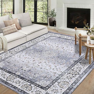 Vintage Distressed Floral Medallion, Non-Slip, Low Pile Soft, Stain Resistant Carpet
