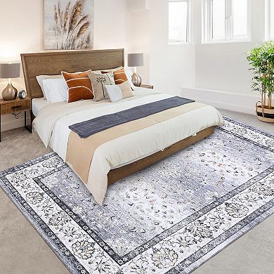 Vintage Distressed Floral Medallion, Non-Slip, Low Pile Soft, Stain Resistant Carpet