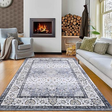 Vintage Distressed Floral Medallion, Non-Slip, Low Pile Soft, Stain Resistant Carpet