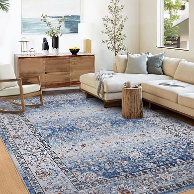 Vintage Distressed Floral Medallion, Non-Slip, Low Pile Soft, Stain Resistant Carpet