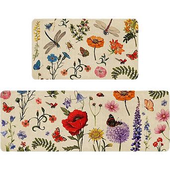 Boho Floral Kitchen Rug Set of 2 Non Slip Washable Mats 18x48 18x30