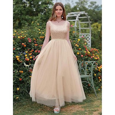Long Formal Sequin Mesh Sleeveless Dress
