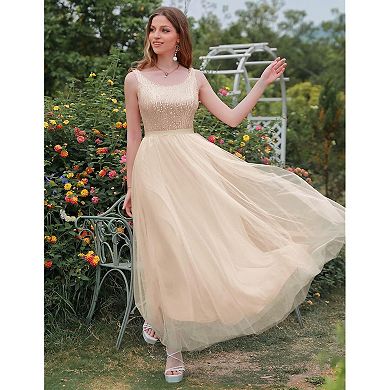 Long Formal Sequin Mesh Sleeveless Dress