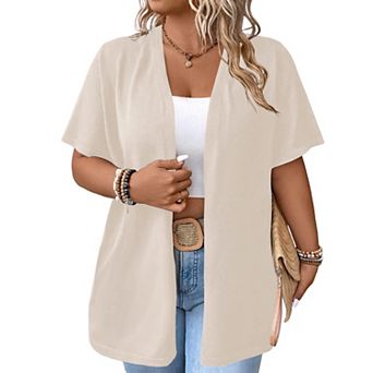 Women's Plus Size Open Front Cardigan Solid Half Sleeve Crop Knit Sweater