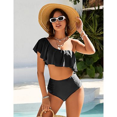 Women's One Shoulder Ruffle High Waist Swimsuit Sets