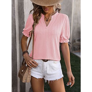 Women's V Neck Short Puff Sleeve Blouse Cute Solid Knit Textured Summer Casual Tops
