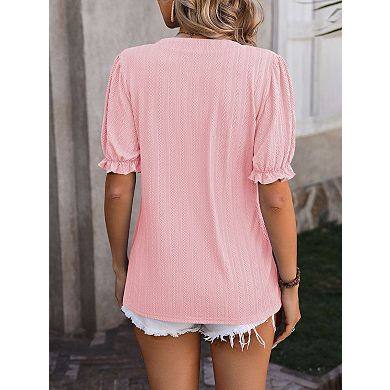 Women's V Neck Short Puff Sleeve Blouse Cute Solid Knit Textured Summer Casual Tops