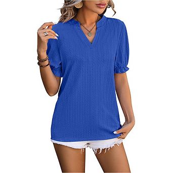Women's V Neck Short Puff Sleeve Blouse Cute Solid Knit Textured Summer Casual Tops