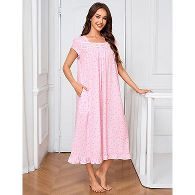 Women's Short Sleeve Nightgown Square Neck Print Shift with Pockets