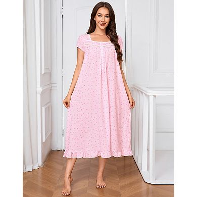 Women's Short Sleeve Nightgown Square Neck Print Shift with Pockets