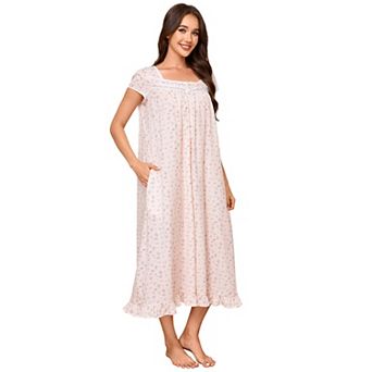 Women's Short Sleeve Nightgown Square Neck Print Shift with Pockets
