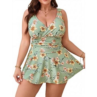 Plus Size Print Swim Dress Set Two Piece Skirted Swimsuit with Built In Shorts