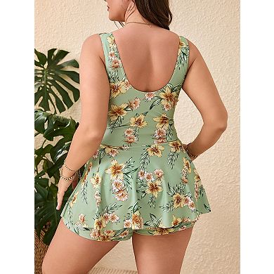 Plus Size Print Swim Dress Set Two Piece Skirted Swimsuit with Built In Shorts