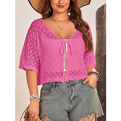 Plus Size Women's Crochet Cardigan Crop Short Sleeves Tie Front Lightweight Knitwear