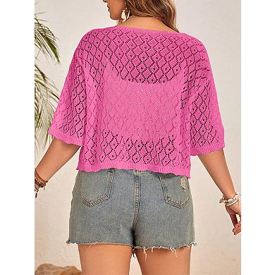 Plus Size Women's Crochet Cardigan Crop Short Sleeves Tie Front Lightweight Knitwear