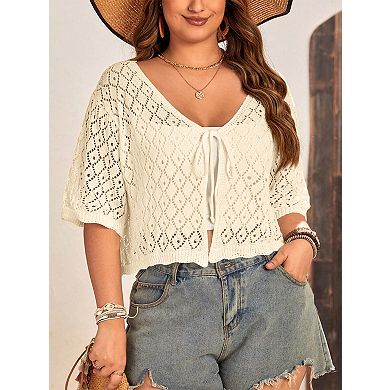 Plus Size Women's Crochet Cardigan Crop Short Sleeves Tie Front Lightweight Knitwear