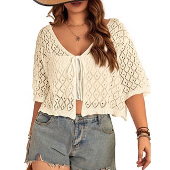 Plus Size Women's Crochet Cardigan Crop Short Sleeves Tie Front Lightweight Knitwear