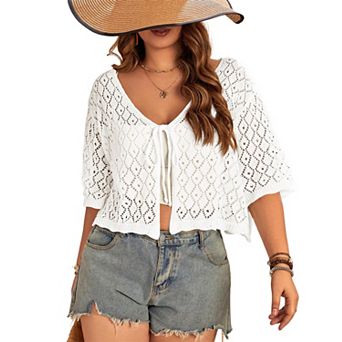Plus Size Women's Crochet Cardigan Crop Short Sleeves Tie Front Lightweight Knitwear