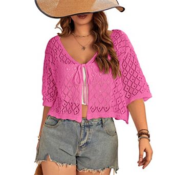 Plus Size Women's Crochet Cardigan Crop Short Sleeves Tie Front Lightweight Knitwear