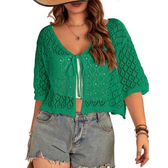 Plus Size Women's Crochet Cardigan Crop Short Sleeves Tie Front Lightweight Knitwear