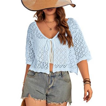 Plus Size Women's Crochet Cardigan Crop Short Sleeves Tie Front Lightweight Knitwear