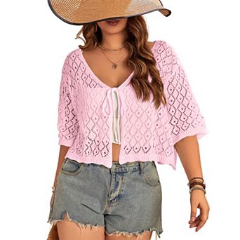 Plus Size Women's Crochet Cardigan Crop Short Sleeves Tie Front Lightweight Knitwear
