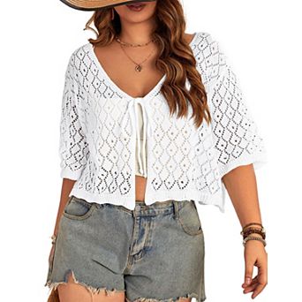 Plus Size Women's Crochet Cardigan Crop Short Sleeves Tie Front Lightweight Knitwear